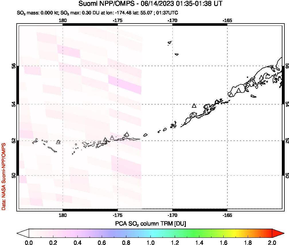 A sulfur dioxide image over Aleutian Islands, Alaska, USA on Jun 14, 2023.