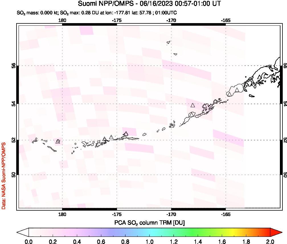 A sulfur dioxide image over Aleutian Islands, Alaska, USA on Jun 16, 2023.
