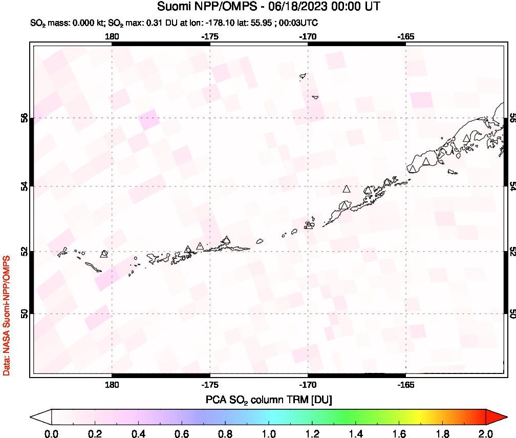 A sulfur dioxide image over Aleutian Islands, Alaska, USA on Jun 18, 2023.