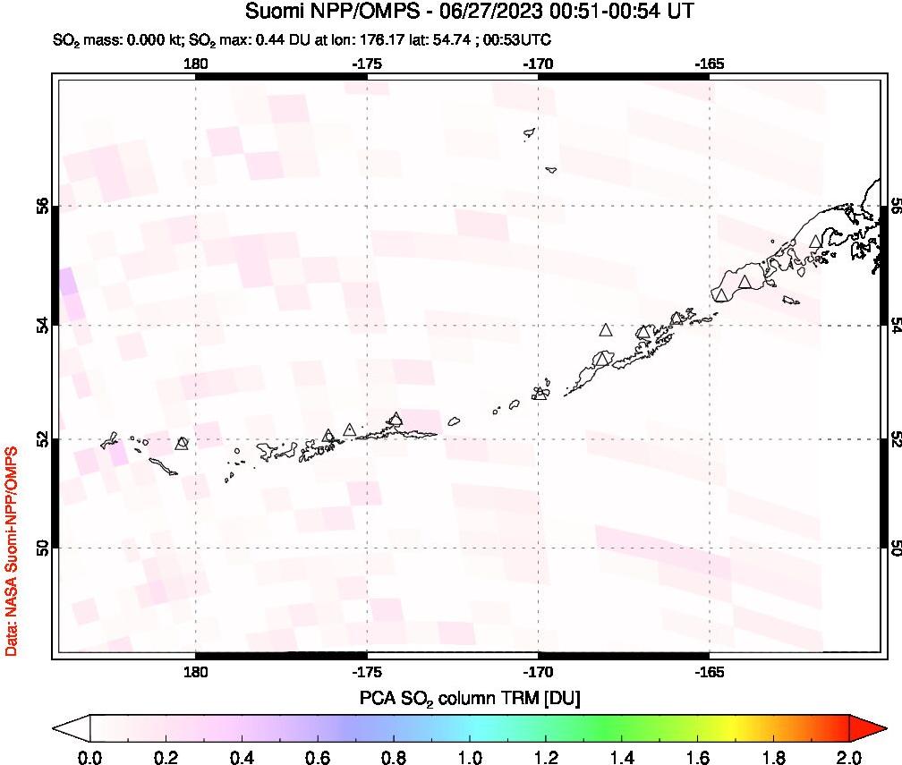 A sulfur dioxide image over Aleutian Islands, Alaska, USA on Jun 27, 2023.