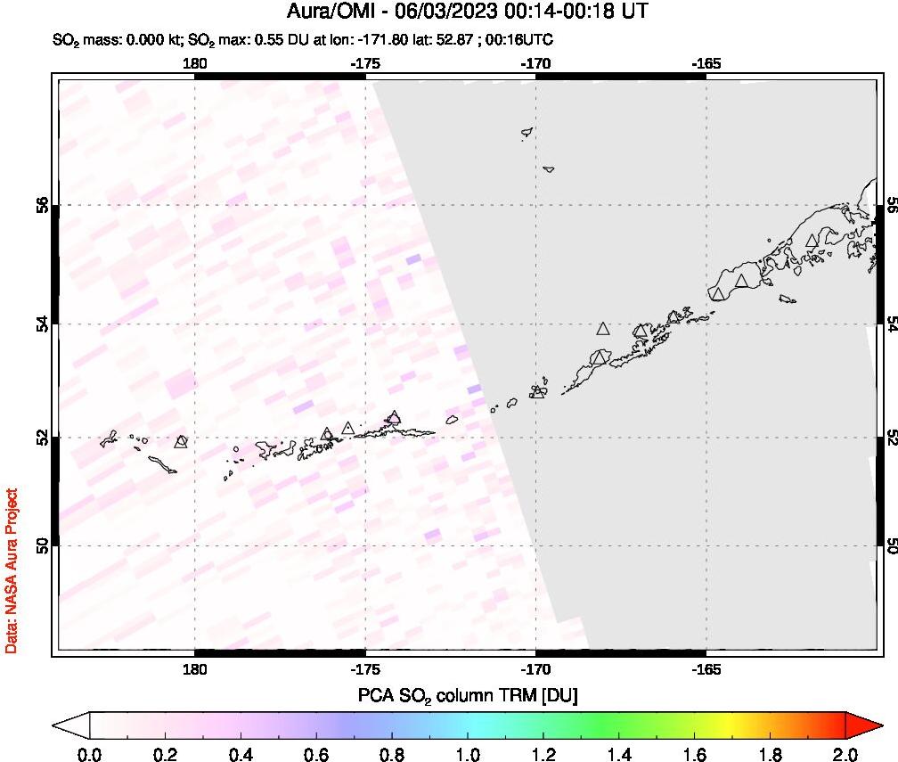 A sulfur dioxide image over Aleutian Islands, Alaska, USA on Jun 03, 2023.