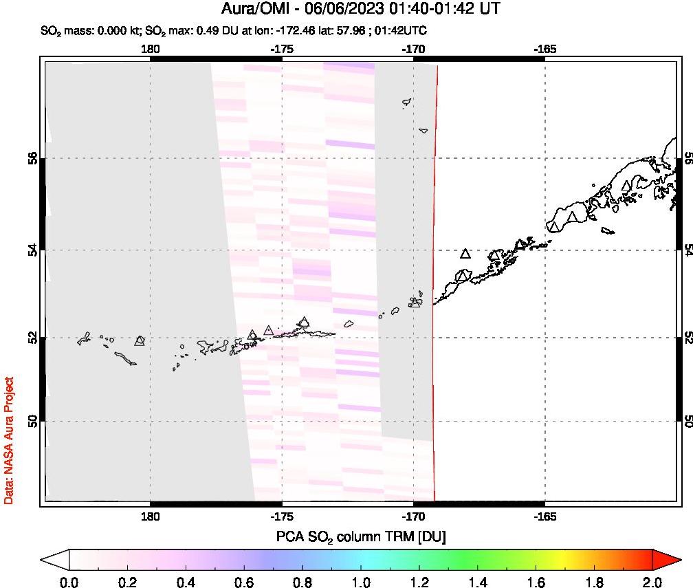 A sulfur dioxide image over Aleutian Islands, Alaska, USA on Jun 06, 2023.