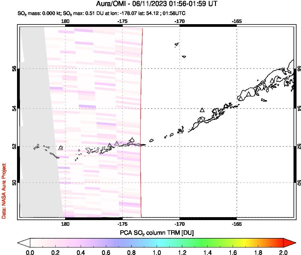 A sulfur dioxide image over Aleutian Islands, Alaska, USA on Jun 11, 2023.