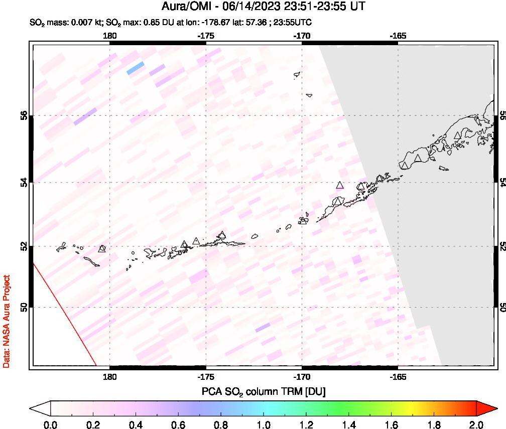 A sulfur dioxide image over Aleutian Islands, Alaska, USA on Jun 14, 2023.
