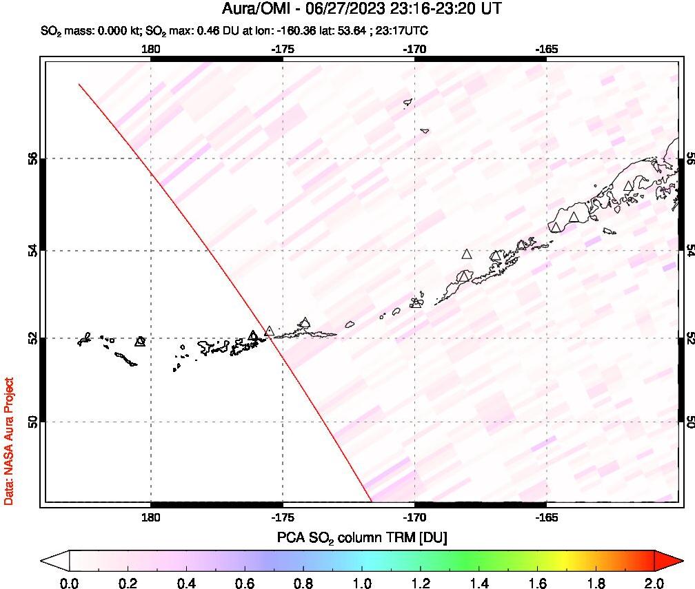 A sulfur dioxide image over Aleutian Islands, Alaska, USA on Jun 27, 2023.