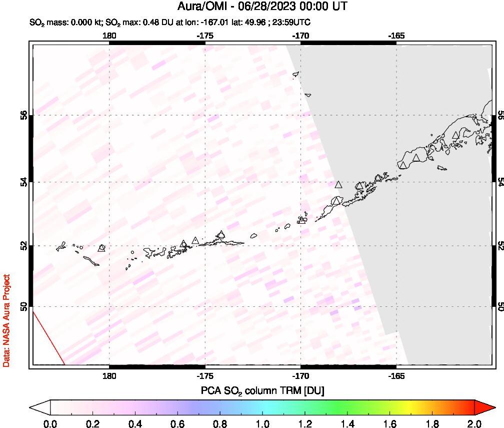 A sulfur dioxide image over Aleutian Islands, Alaska, USA on Jun 28, 2023.