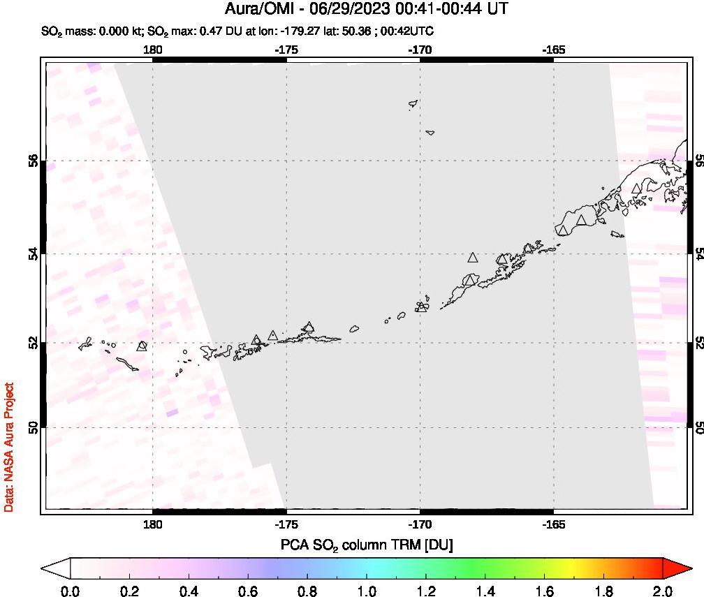 A sulfur dioxide image over Aleutian Islands, Alaska, USA on Jun 29, 2023.
