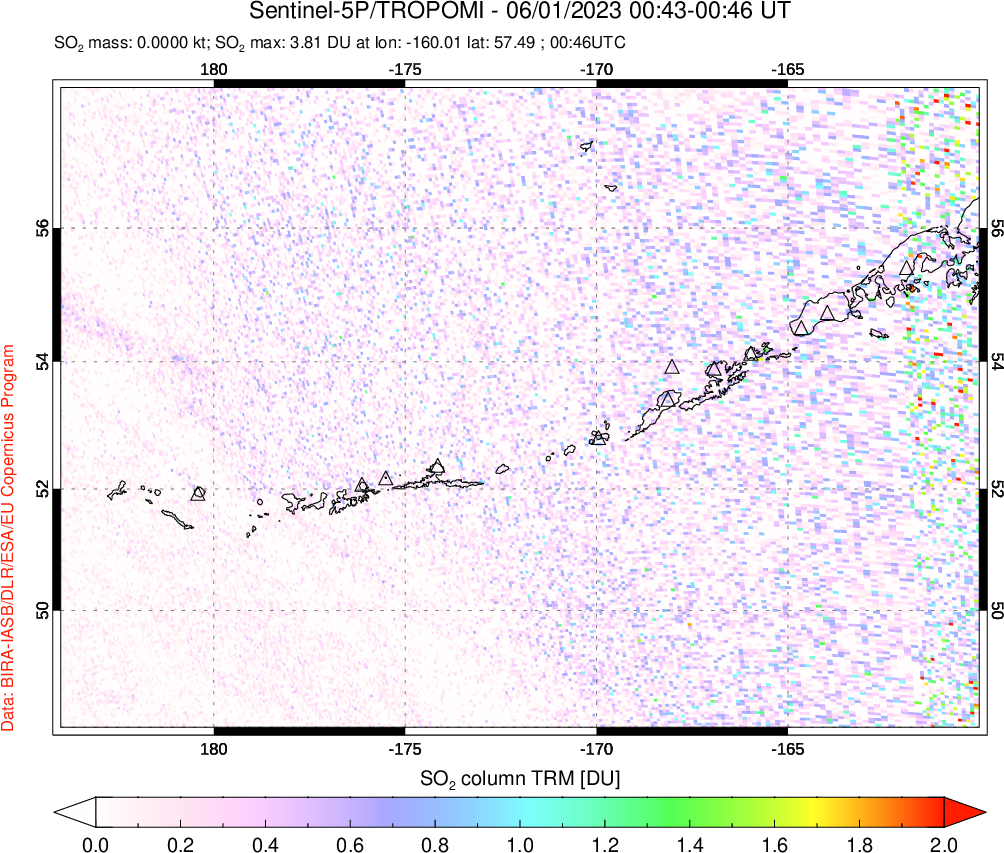A sulfur dioxide image over Aleutian Islands, Alaska, USA on Jun 01, 2023.