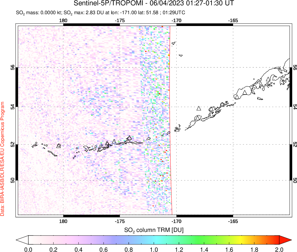 A sulfur dioxide image over Aleutian Islands, Alaska, USA on Jun 04, 2023.