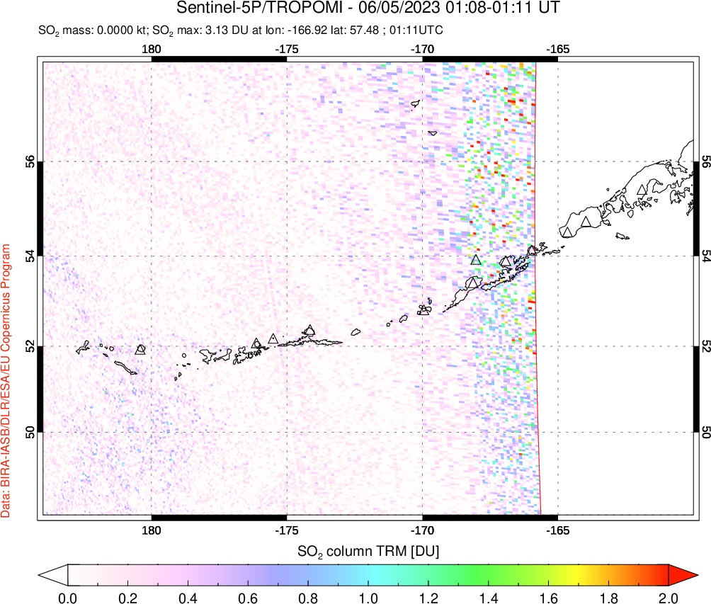 A sulfur dioxide image over Aleutian Islands, Alaska, USA on Jun 05, 2023.