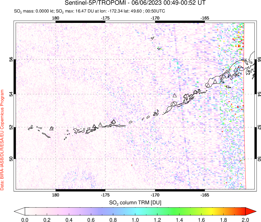 A sulfur dioxide image over Aleutian Islands, Alaska, USA on Jun 06, 2023.