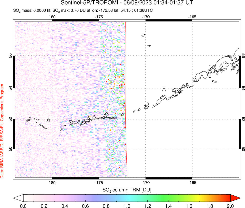 A sulfur dioxide image over Aleutian Islands, Alaska, USA on Jun 09, 2023.