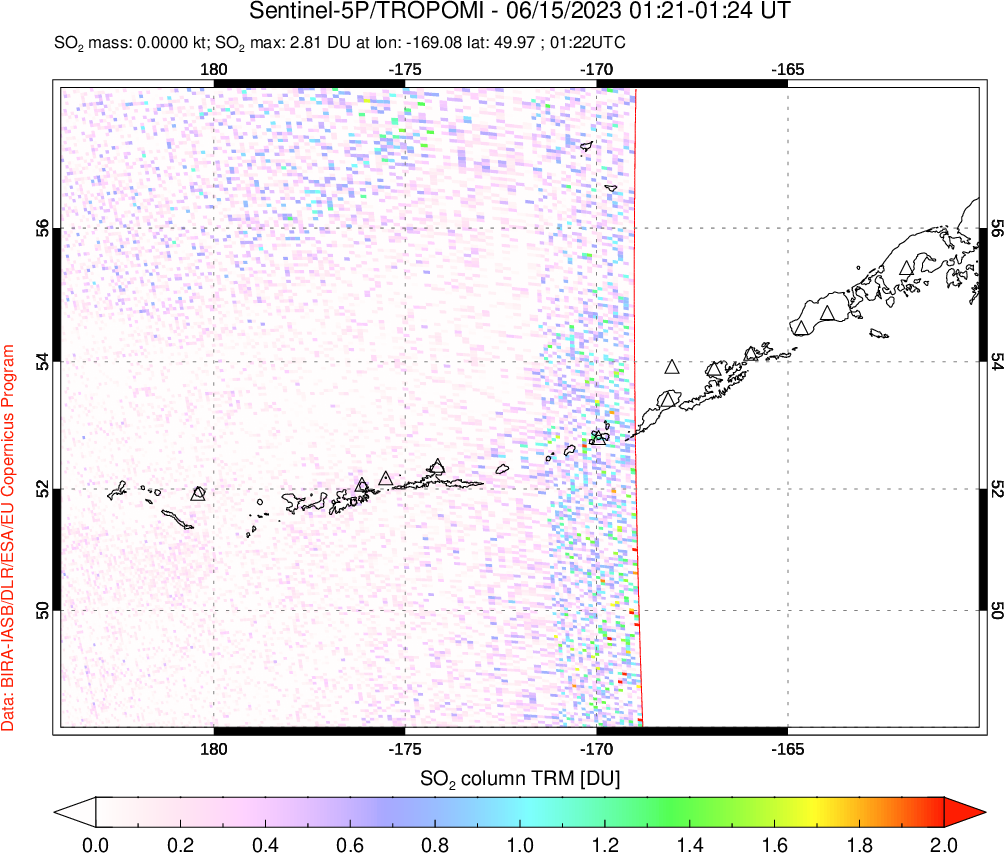 A sulfur dioxide image over Aleutian Islands, Alaska, USA on Jun 15, 2023.