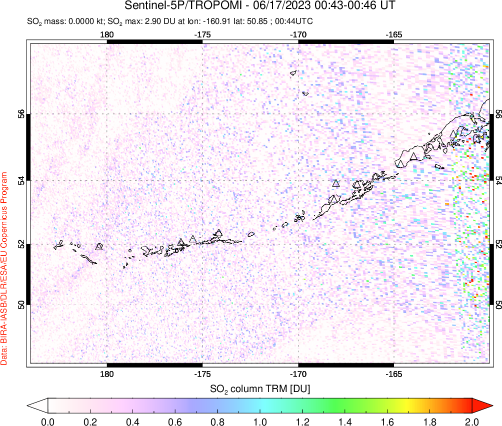 A sulfur dioxide image over Aleutian Islands, Alaska, USA on Jun 17, 2023.