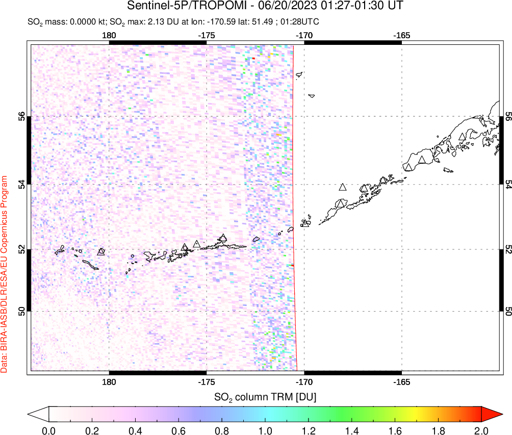 A sulfur dioxide image over Aleutian Islands, Alaska, USA on Jun 20, 2023.