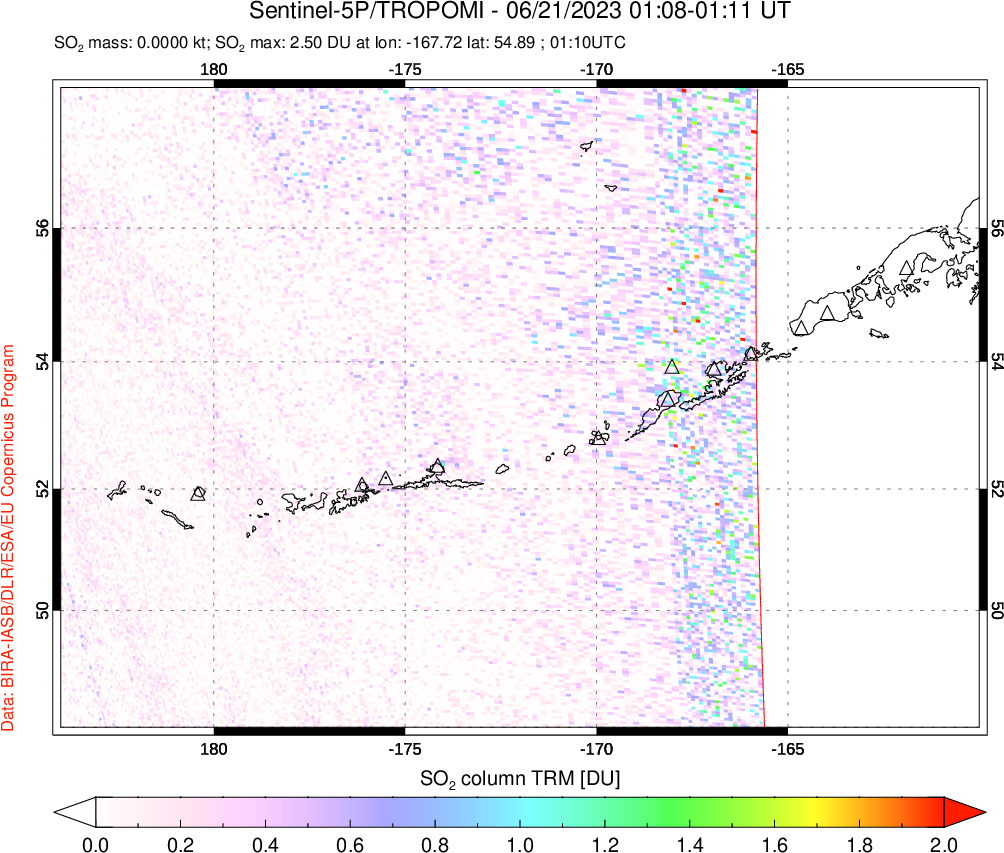 A sulfur dioxide image over Aleutian Islands, Alaska, USA on Jun 21, 2023.