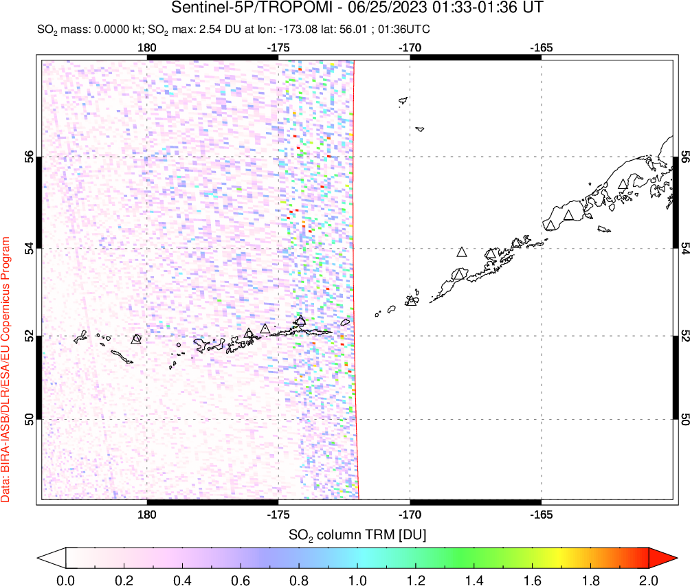 A sulfur dioxide image over Aleutian Islands, Alaska, USA on Jun 25, 2023.