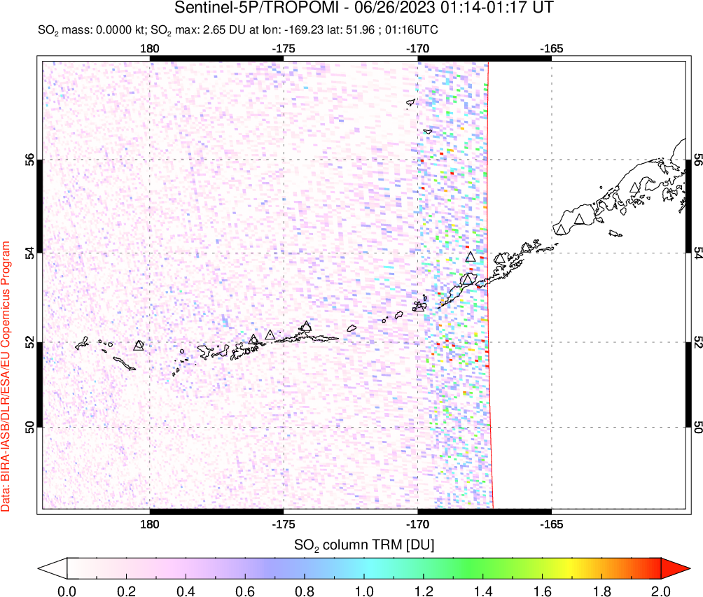 A sulfur dioxide image over Aleutian Islands, Alaska, USA on Jun 26, 2023.