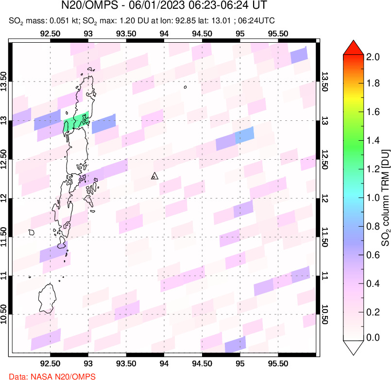 A sulfur dioxide image over Andaman Islands, Indian Ocean on Jun 01, 2023.