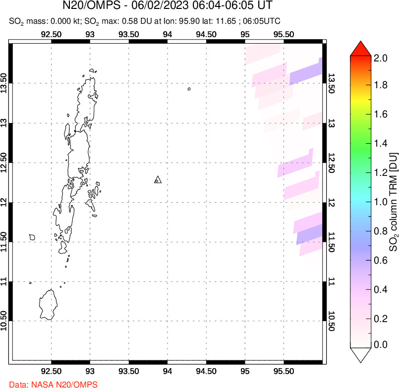 A sulfur dioxide image over Andaman Islands, Indian Ocean on Jun 02, 2023.