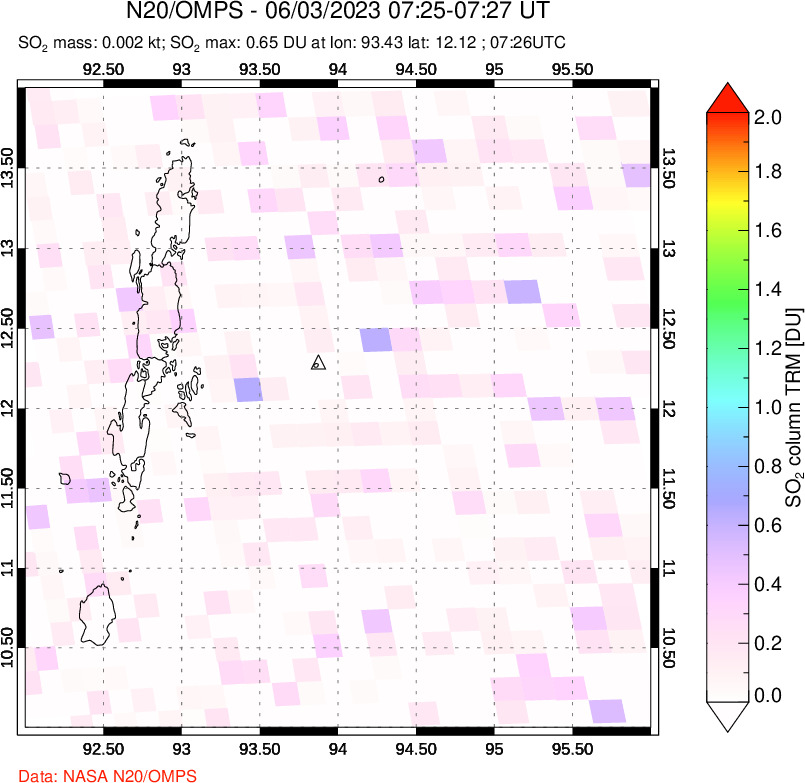 A sulfur dioxide image over Andaman Islands, Indian Ocean on Jun 03, 2023.