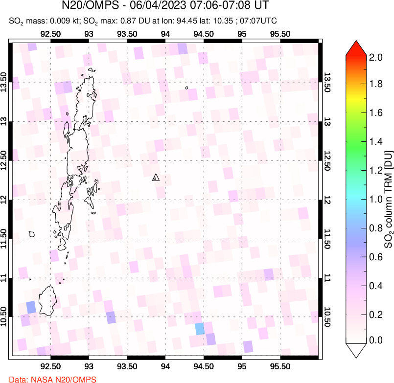 A sulfur dioxide image over Andaman Islands, Indian Ocean on Jun 04, 2023.