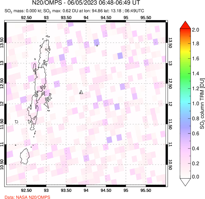 A sulfur dioxide image over Andaman Islands, Indian Ocean on Jun 05, 2023.