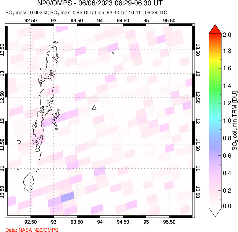 A sulfur dioxide image over Andaman Islands, Indian Ocean on Jun 06, 2023.