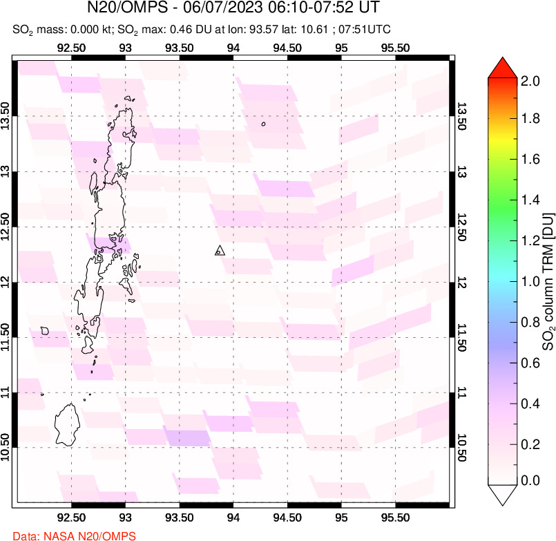 A sulfur dioxide image over Andaman Islands, Indian Ocean on Jun 07, 2023.