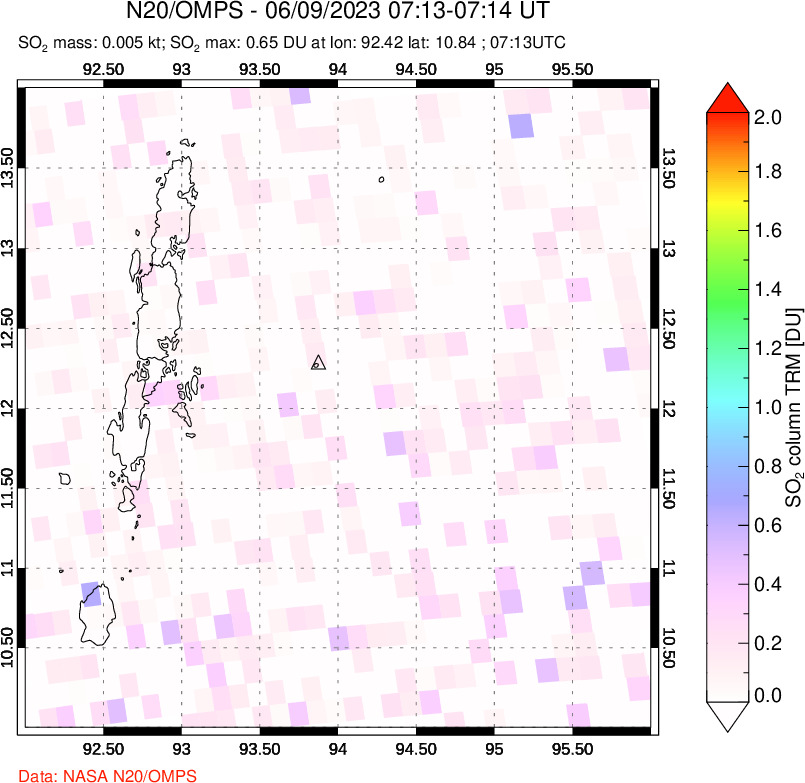 A sulfur dioxide image over Andaman Islands, Indian Ocean on Jun 09, 2023.