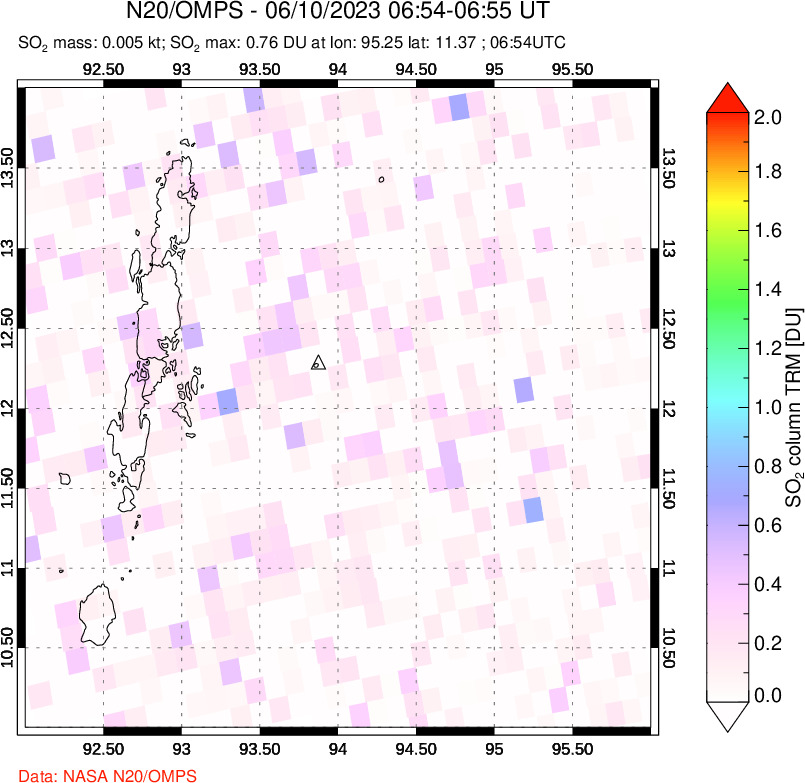 A sulfur dioxide image over Andaman Islands, Indian Ocean on Jun 10, 2023.