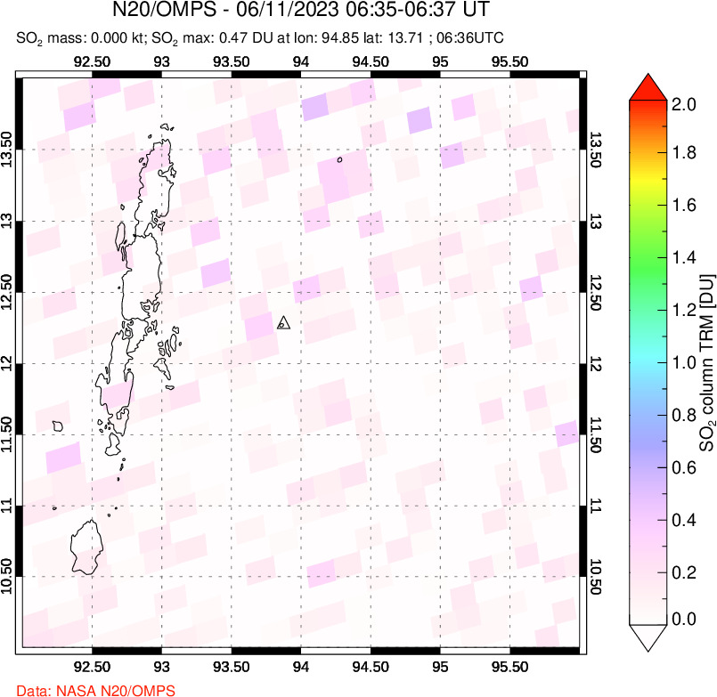 A sulfur dioxide image over Andaman Islands, Indian Ocean on Jun 11, 2023.