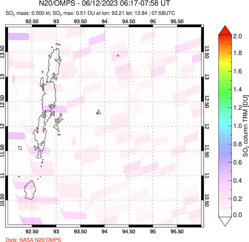 A sulfur dioxide image over Andaman Islands, Indian Ocean on Jun 12, 2023.