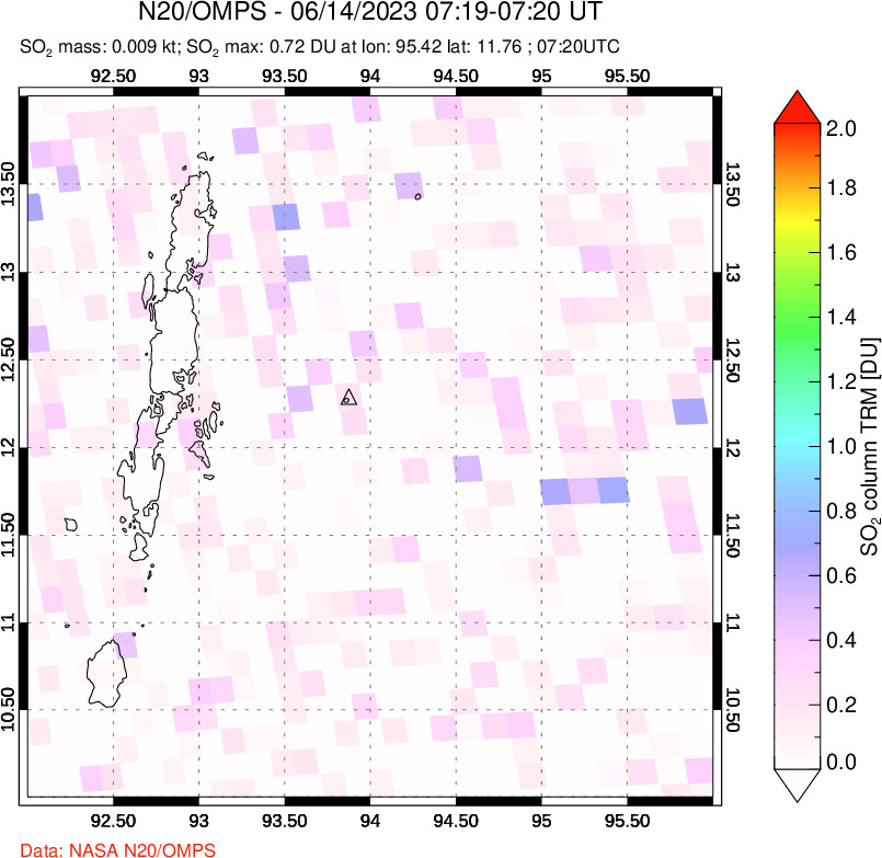 A sulfur dioxide image over Andaman Islands, Indian Ocean on Jun 14, 2023.