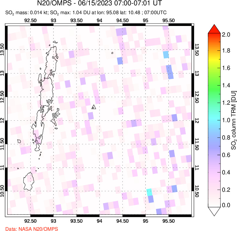 A sulfur dioxide image over Andaman Islands, Indian Ocean on Jun 15, 2023.