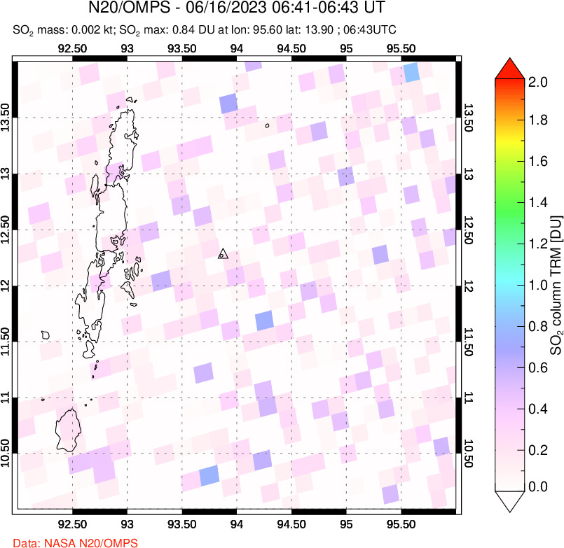 A sulfur dioxide image over Andaman Islands, Indian Ocean on Jun 16, 2023.