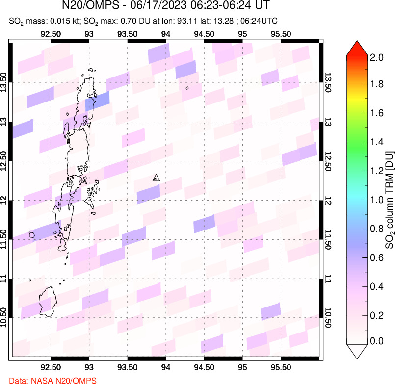 A sulfur dioxide image over Andaman Islands, Indian Ocean on Jun 17, 2023.