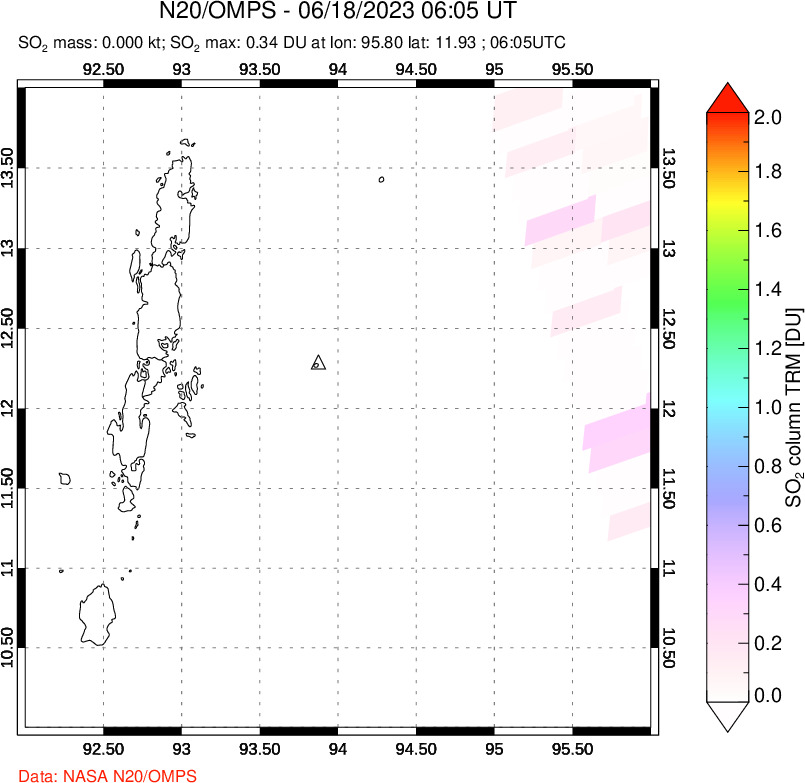 A sulfur dioxide image over Andaman Islands, Indian Ocean on Jun 18, 2023.