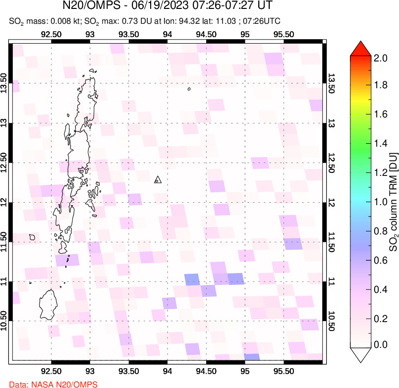 A sulfur dioxide image over Andaman Islands, Indian Ocean on Jun 19, 2023.