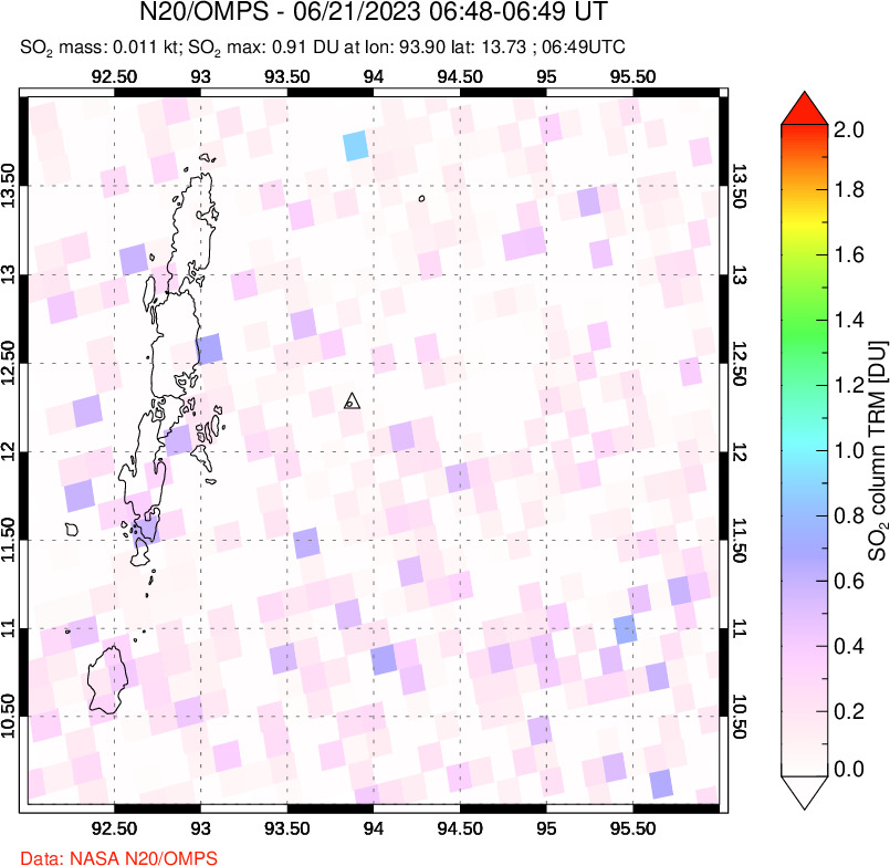 A sulfur dioxide image over Andaman Islands, Indian Ocean on Jun 21, 2023.