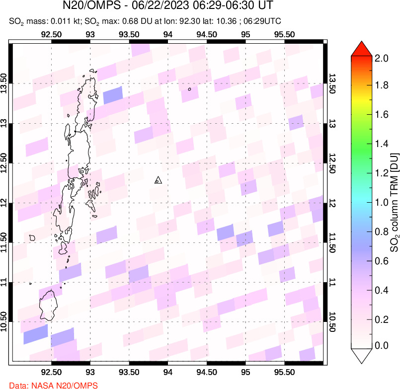 A sulfur dioxide image over Andaman Islands, Indian Ocean on Jun 22, 2023.