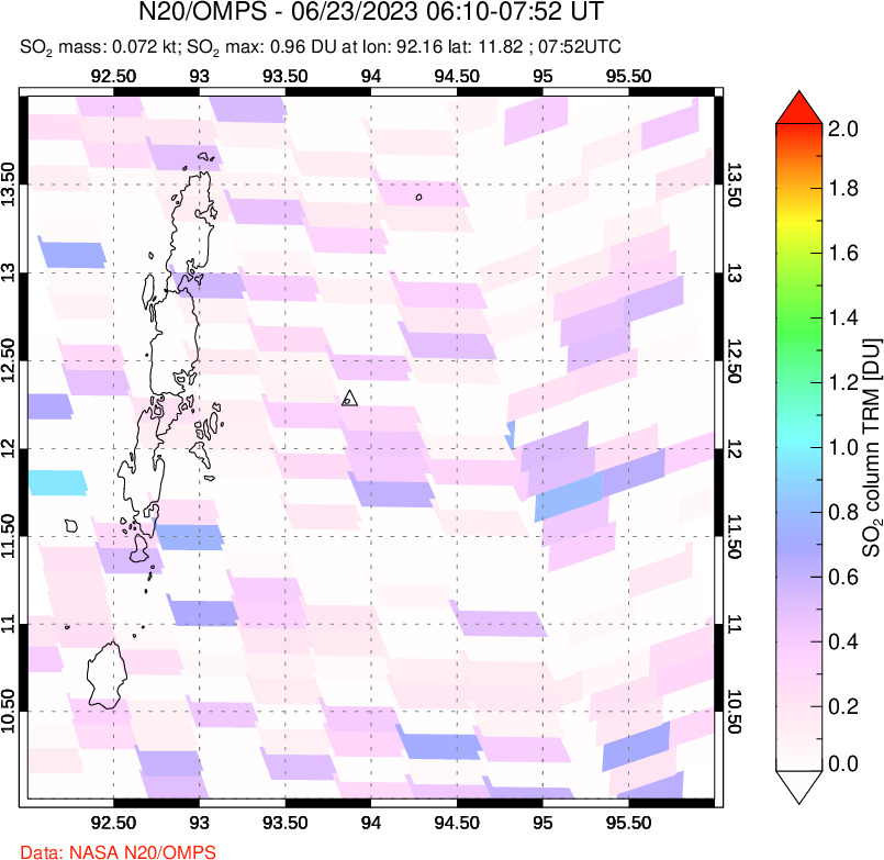 A sulfur dioxide image over Andaman Islands, Indian Ocean on Jun 23, 2023.