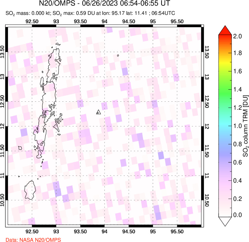 A sulfur dioxide image over Andaman Islands, Indian Ocean on Jun 26, 2023.