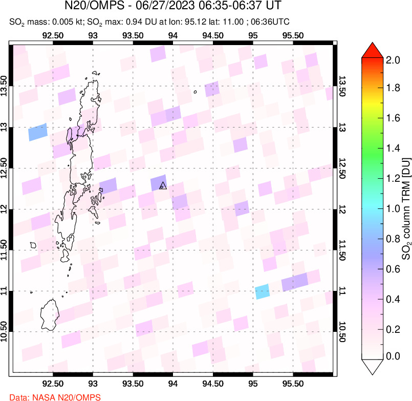 A sulfur dioxide image over Andaman Islands, Indian Ocean on Jun 27, 2023.