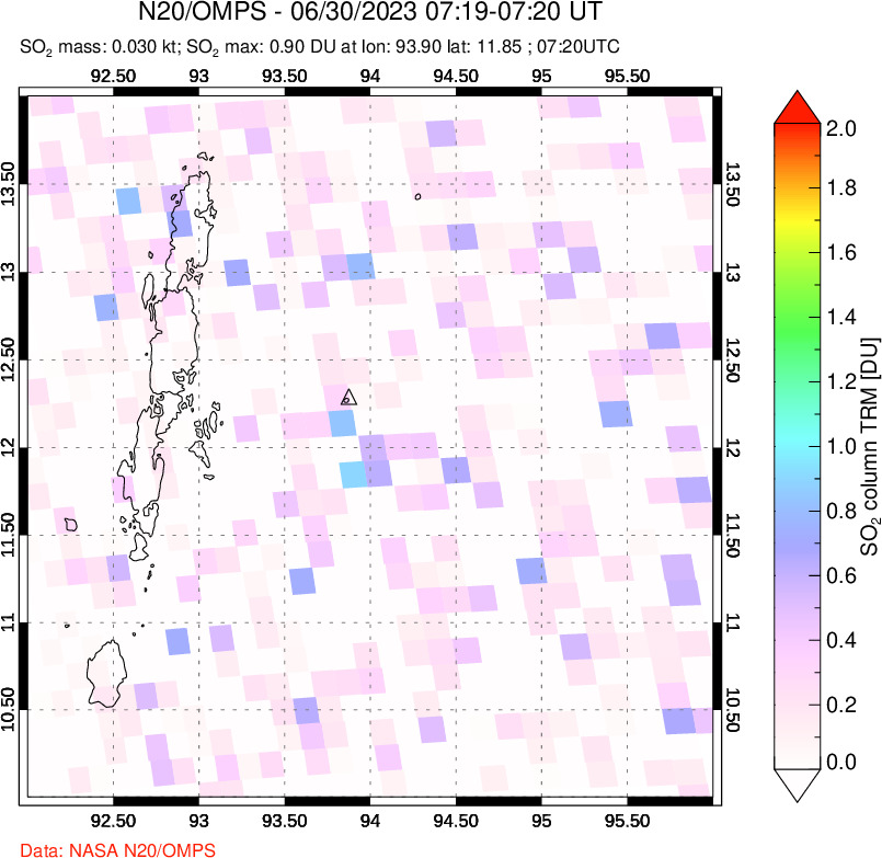 A sulfur dioxide image over Andaman Islands, Indian Ocean on Jun 30, 2023.