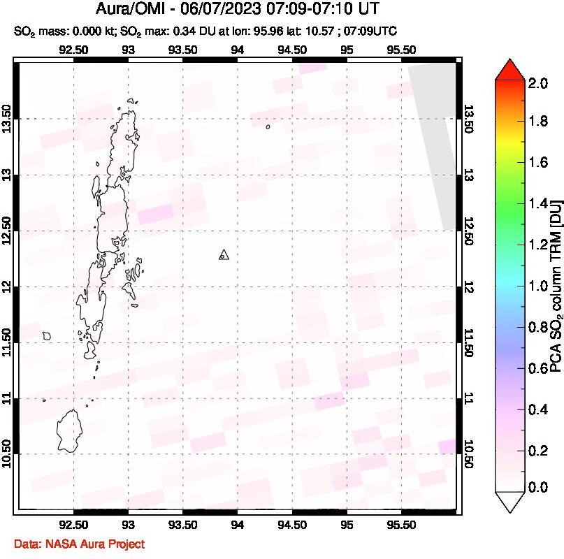 A sulfur dioxide image over Andaman Islands, Indian Ocean on Jun 07, 2023.