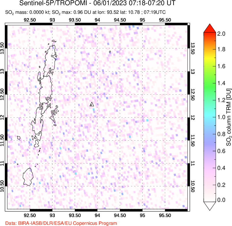 A sulfur dioxide image over Andaman Islands, Indian Ocean on Jun 01, 2023.