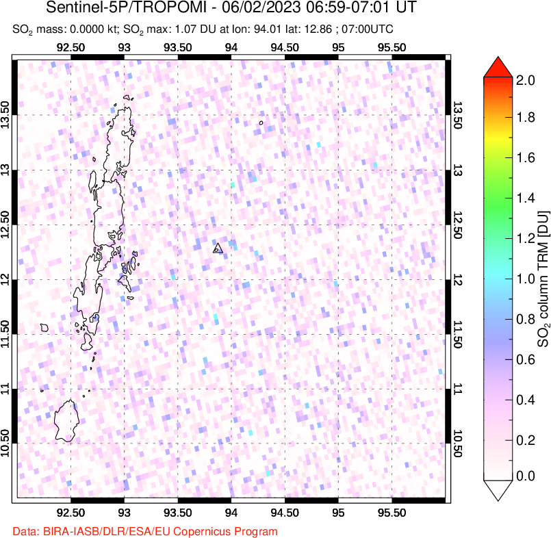 A sulfur dioxide image over Andaman Islands, Indian Ocean on Jun 02, 2023.