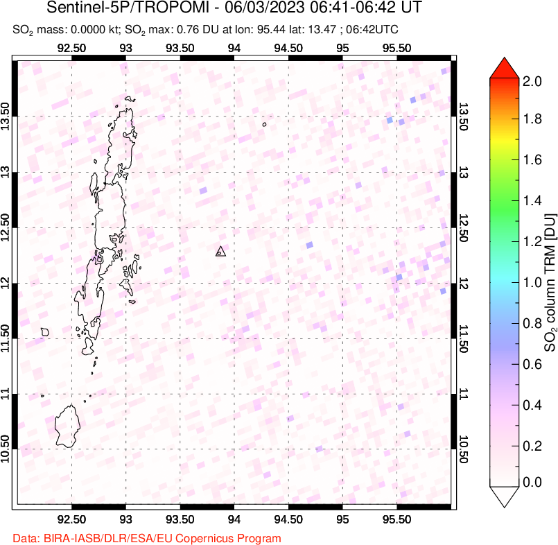 A sulfur dioxide image over Andaman Islands, Indian Ocean on Jun 03, 2023.