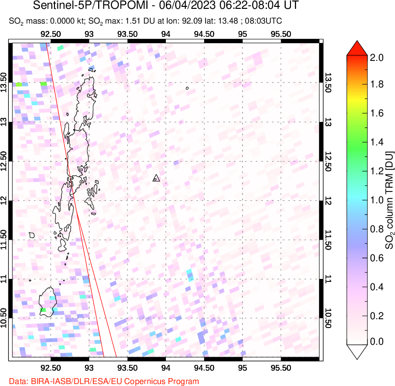 A sulfur dioxide image over Andaman Islands, Indian Ocean on Jun 04, 2023.